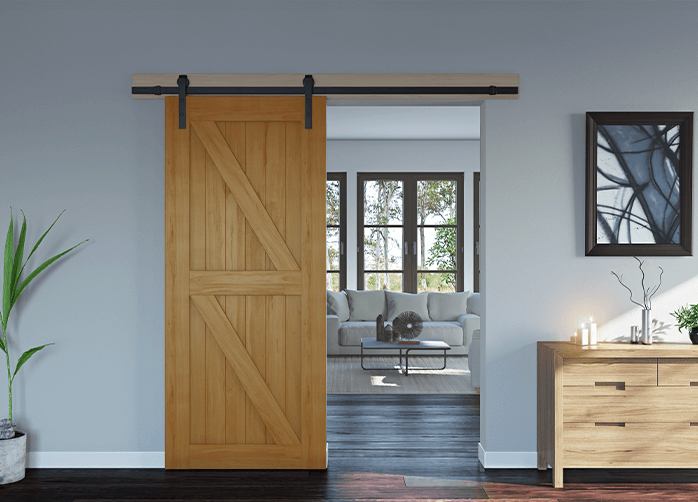 Doors Plus Internal Soli Timber Glengary Barn Single SLiding Door Stained In Light Maple Separating Spaces 